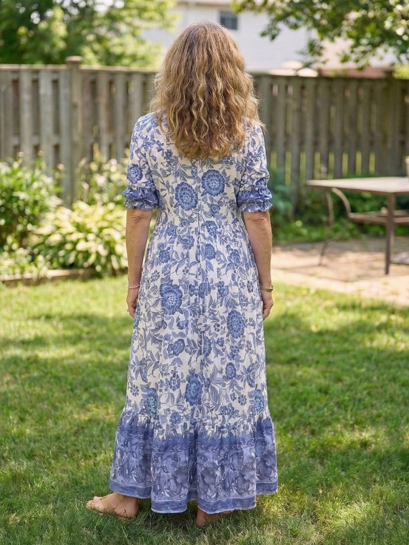 Calandra Short Sleeve V Neck Floral Midi Dress - Elena Harper
