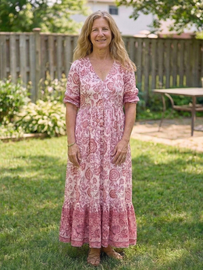 Calandra Short Sleeve V Neck Floral Midi Dress - Elena Harper
