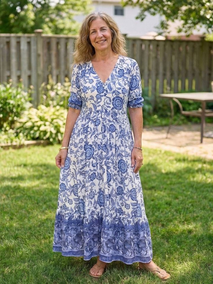 Calandra Short Sleeve V Neck Floral Midi Dress - Elena Harper