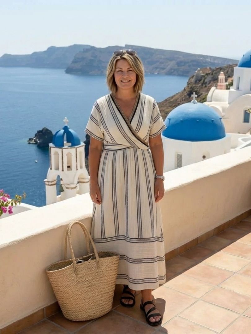 Thalassa V Neck Short Sleeve Wrap Waist Midi Dress - Elena Harper