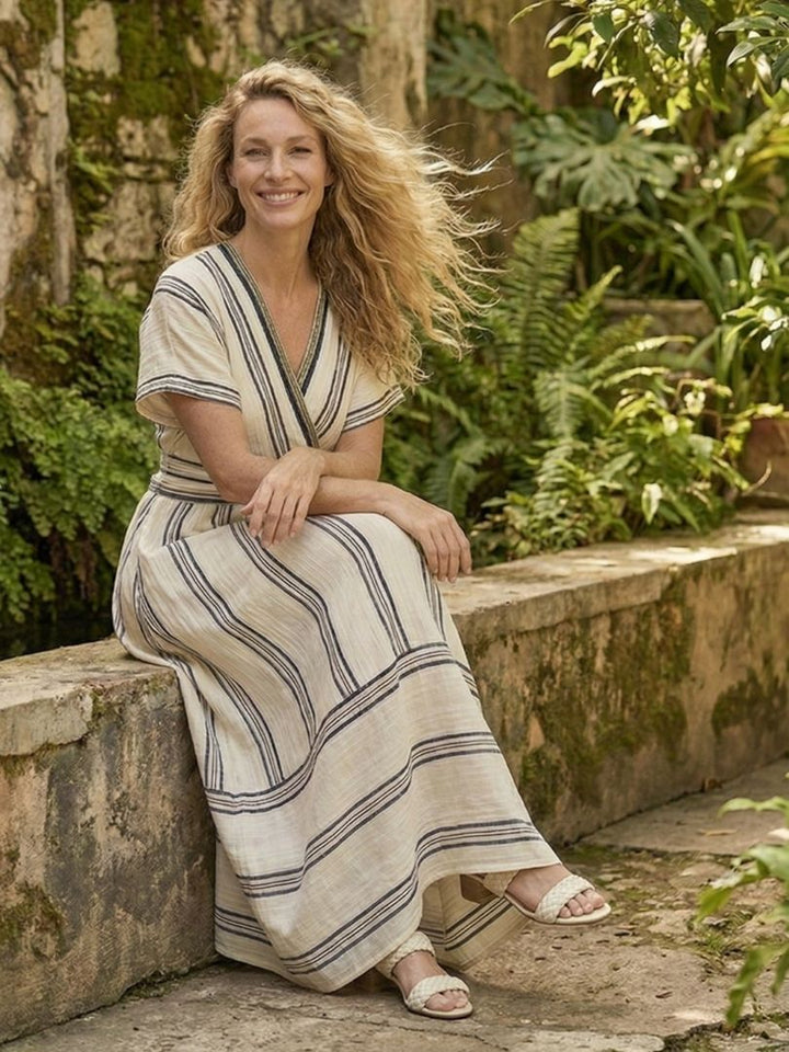 Thalassa V Neck Short Sleeve Wrap Waist Midi Dress - Elena Harper