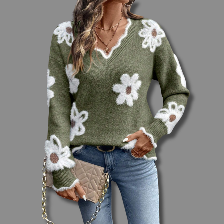 SOFIA – FLORAL KNIT V-NECK SWEATER