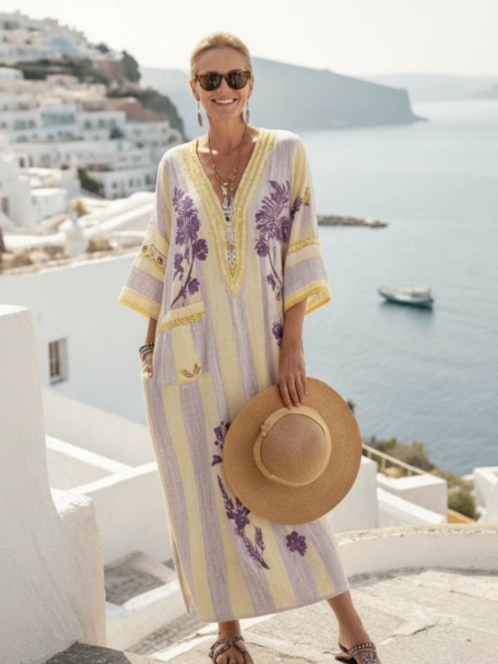 Aurelia V Neck Half Sleeve Striped Floral Maxi Dress - Elena Harper