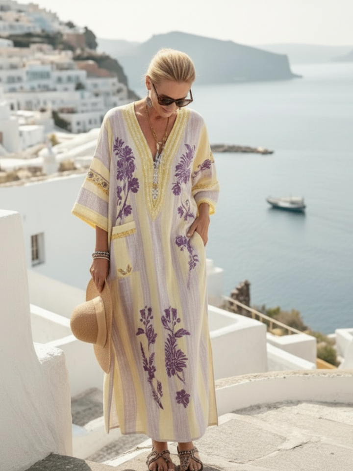 Aurelia V Neck Half Sleeve Striped Floral Maxi Dress - Elena Harper