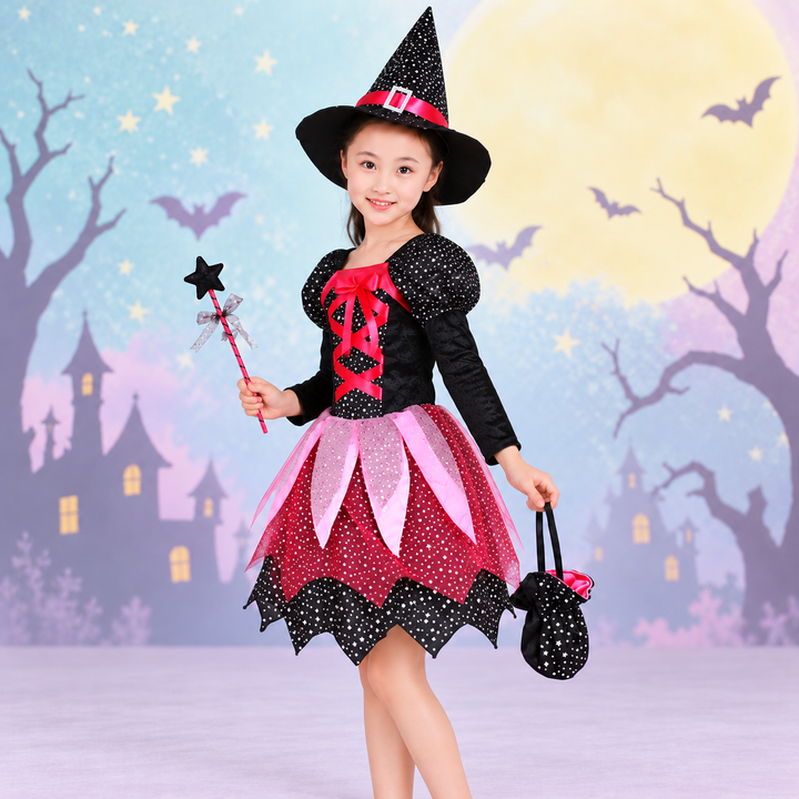 Girls' Witch Costume 4-Piece Set – Dress, Hat, Wand & Bag