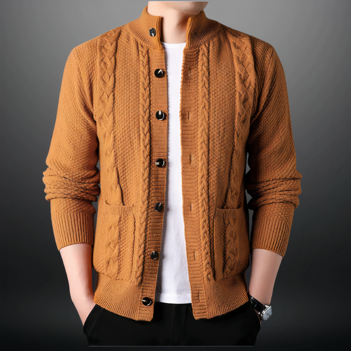 Men's Cardigan with Cable Pattern and High Collar