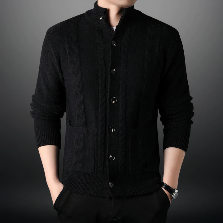 Men's Cardigan with Cable Pattern and High Collar