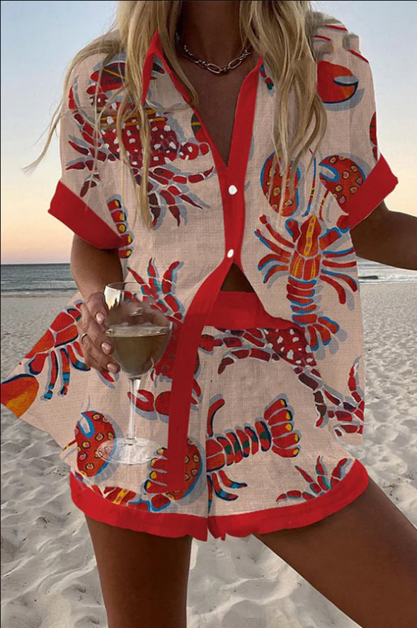 Daphira™ | Short Linen Set with Lobster Print