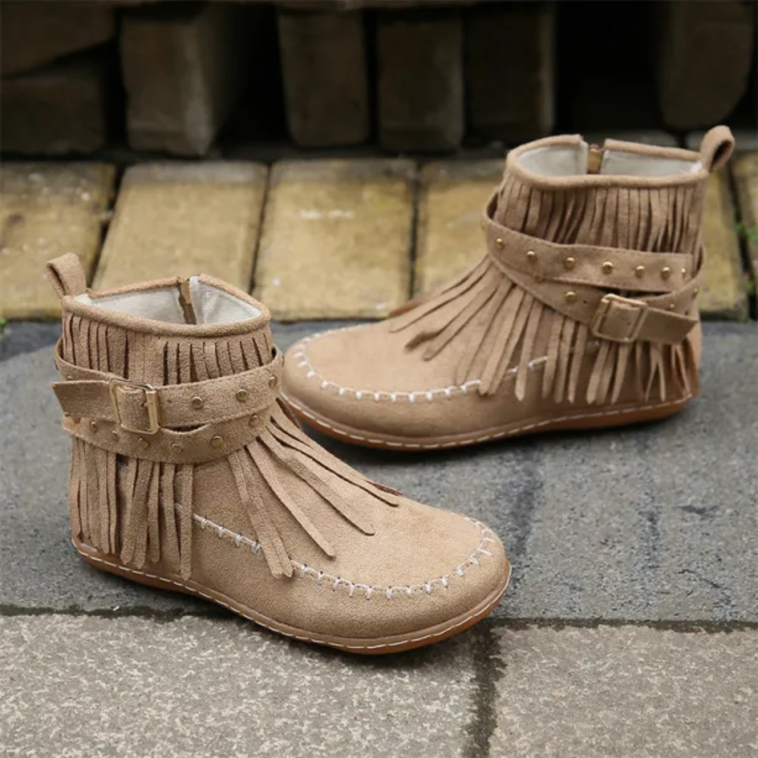 Women’s Vintage Suede Fringe Ankle Boots – Bold, Elegant