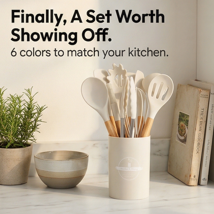 Culinara 12 Piece Silicone Kitchen Set with Wooden Handles - Elena Harper