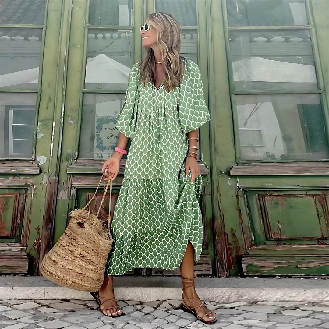 Mabel Breezy High-Low Geometric Print Dress - Elena Harper