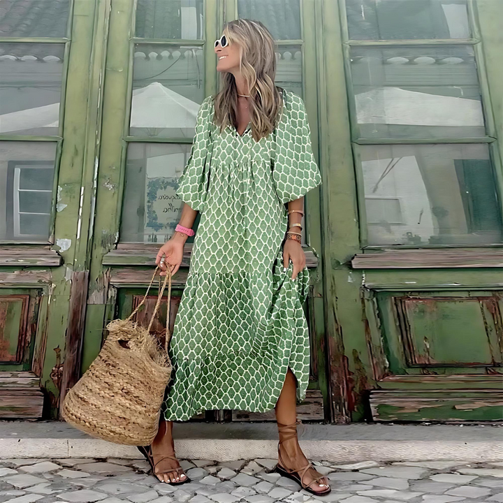 Mabel Breezy High-Low Geometric Print Dress - Elena Harper