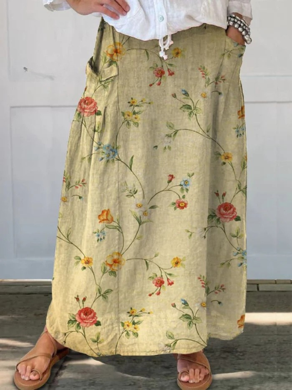 Mella Retro Elegant Floral Art Elastic waistband Pocket Skirt - Elena Harper
