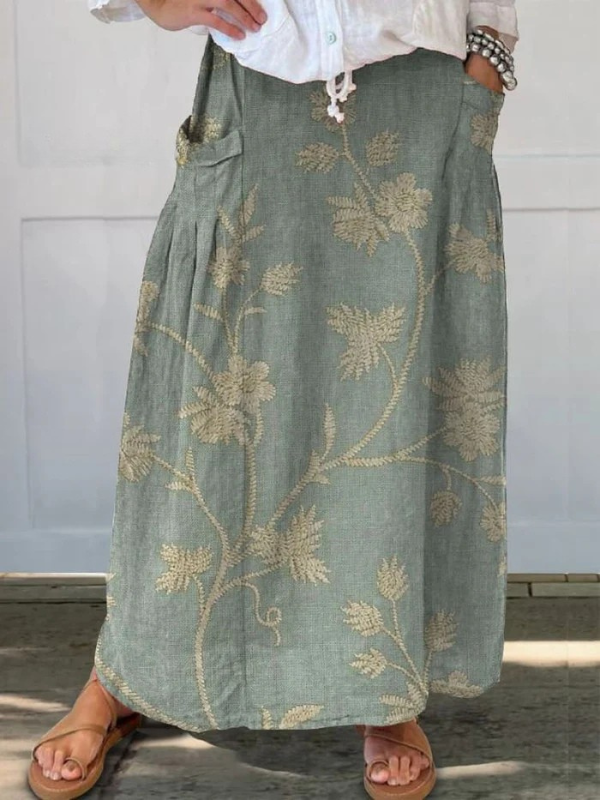 Mella Retro Elegant Floral Art Elastic waistband Pocket Skirt - Elena Harper