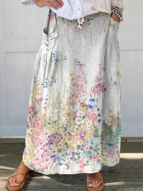Mella Retro Elegant Floral Art Elastic waistband Pocket Skirt - Elena Harper