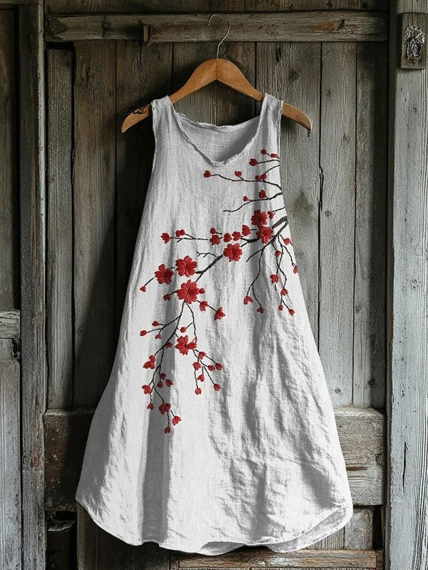 Vintage Red Blossom Linen Tank Dress - Elena Harper