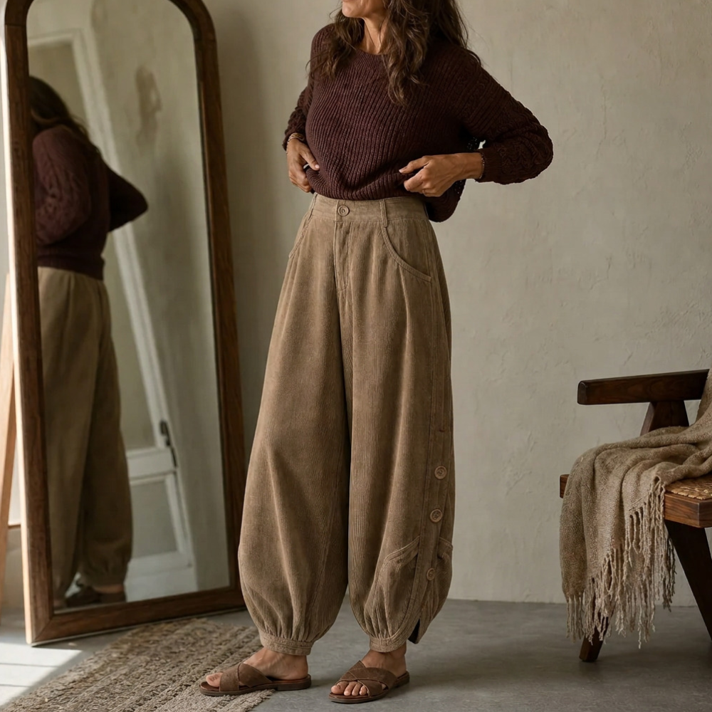 Cozelle Side-Button Barrel Leg Corduroy Pants - Elena Harper