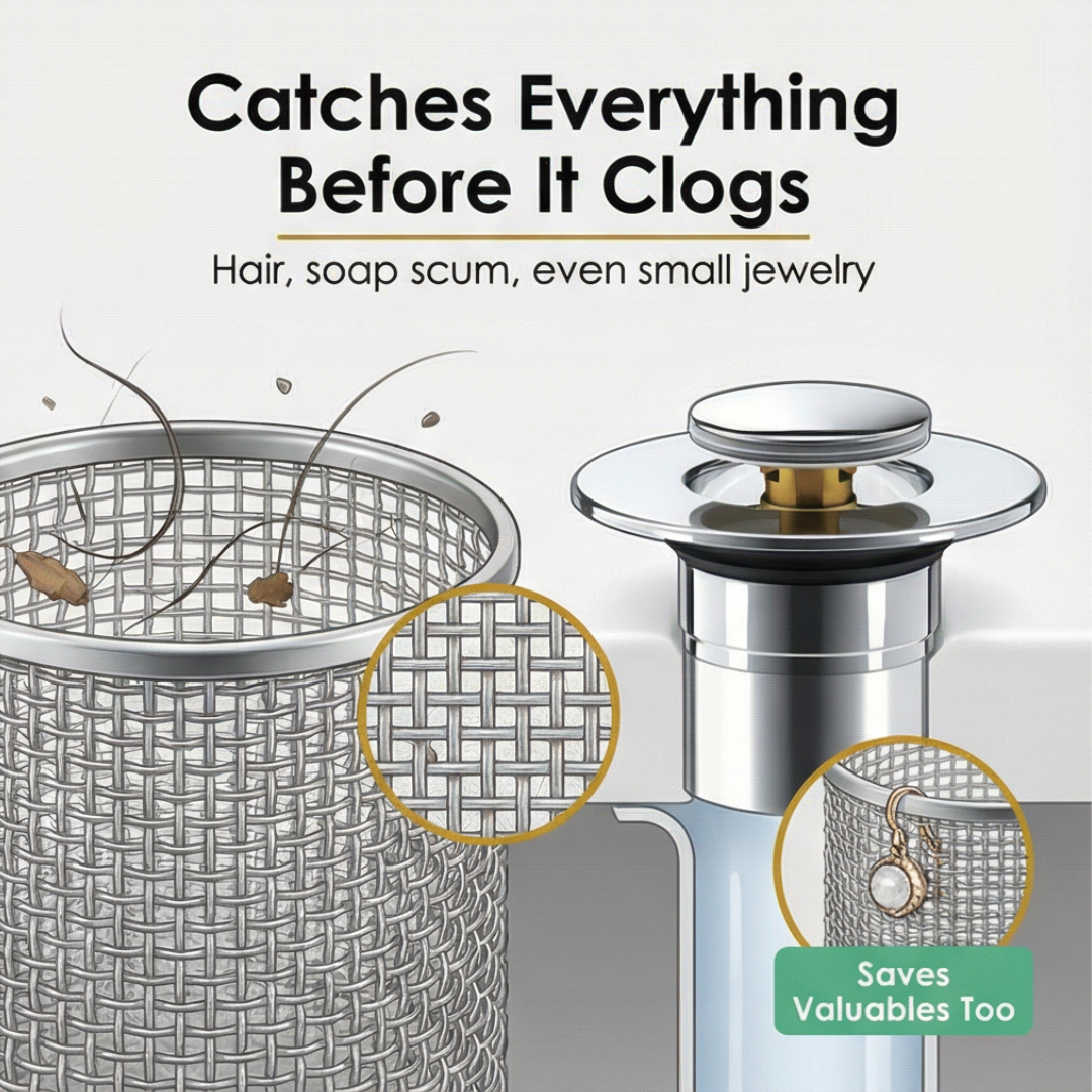Drainwell Pop up sink strainer with hair catching basket - Elena Harper