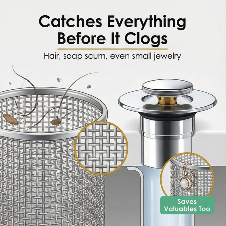 Drainwell Pop up sink strainer with hair catching basket - Elena Harper