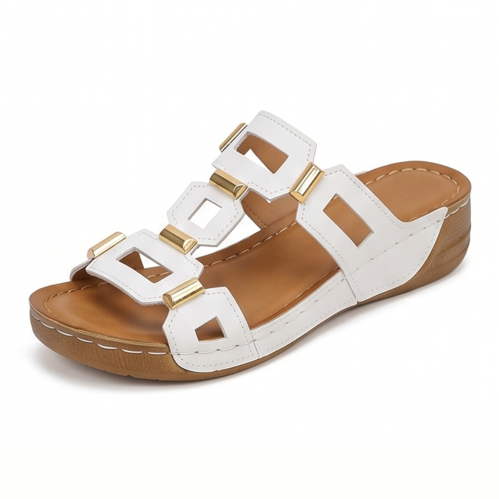 BellaArch Cushioned Wedge Sandals with Gold Strap Detail - Elena Harper