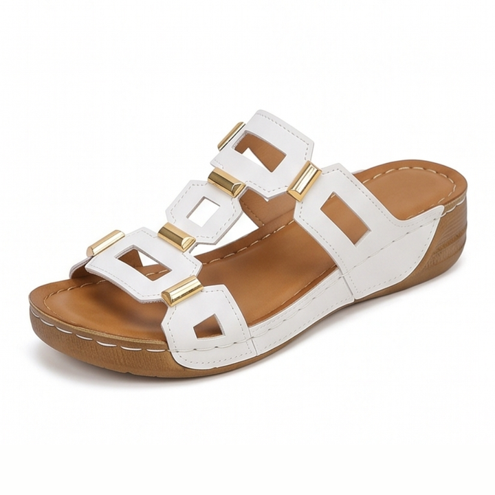 BellaArch Cushioned Wedge Sandals with Gold Strap Detail - Elena Harper