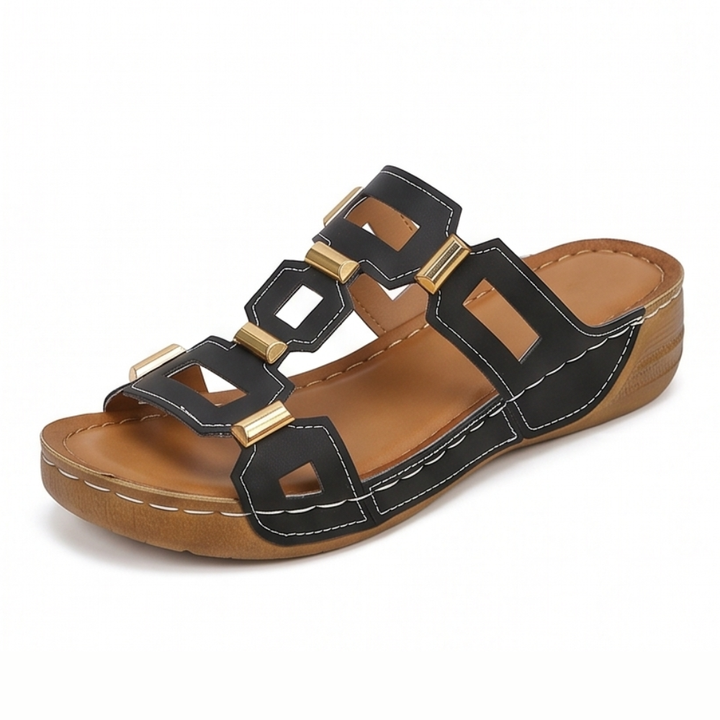 BellaArch Cushioned Wedge Sandals with Gold Strap Detail - Elena Harper
