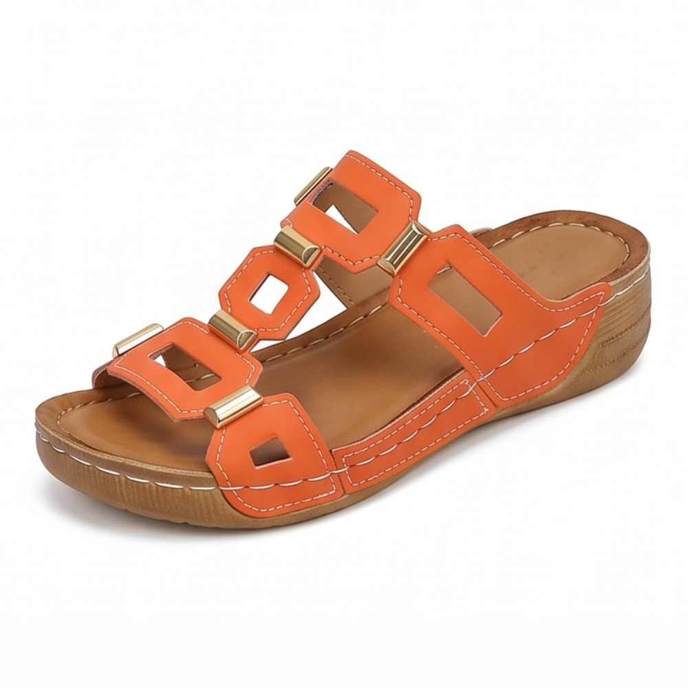BellaArch Cushioned Wedge Sandals with Gold Strap Detail - Elena Harper