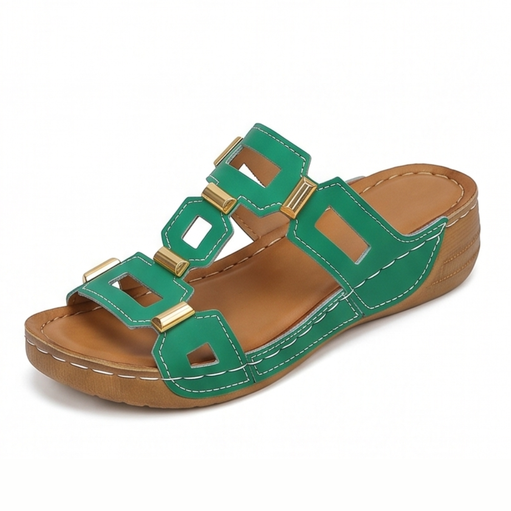 BellaArch Cushioned Wedge Sandals with Gold Strap Detail - Elena Harper