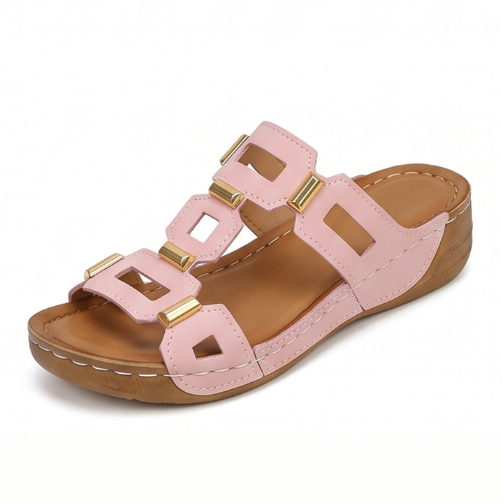 BellaArch Cushioned Wedge Sandals with Gold Strap Detail - Elena Harper