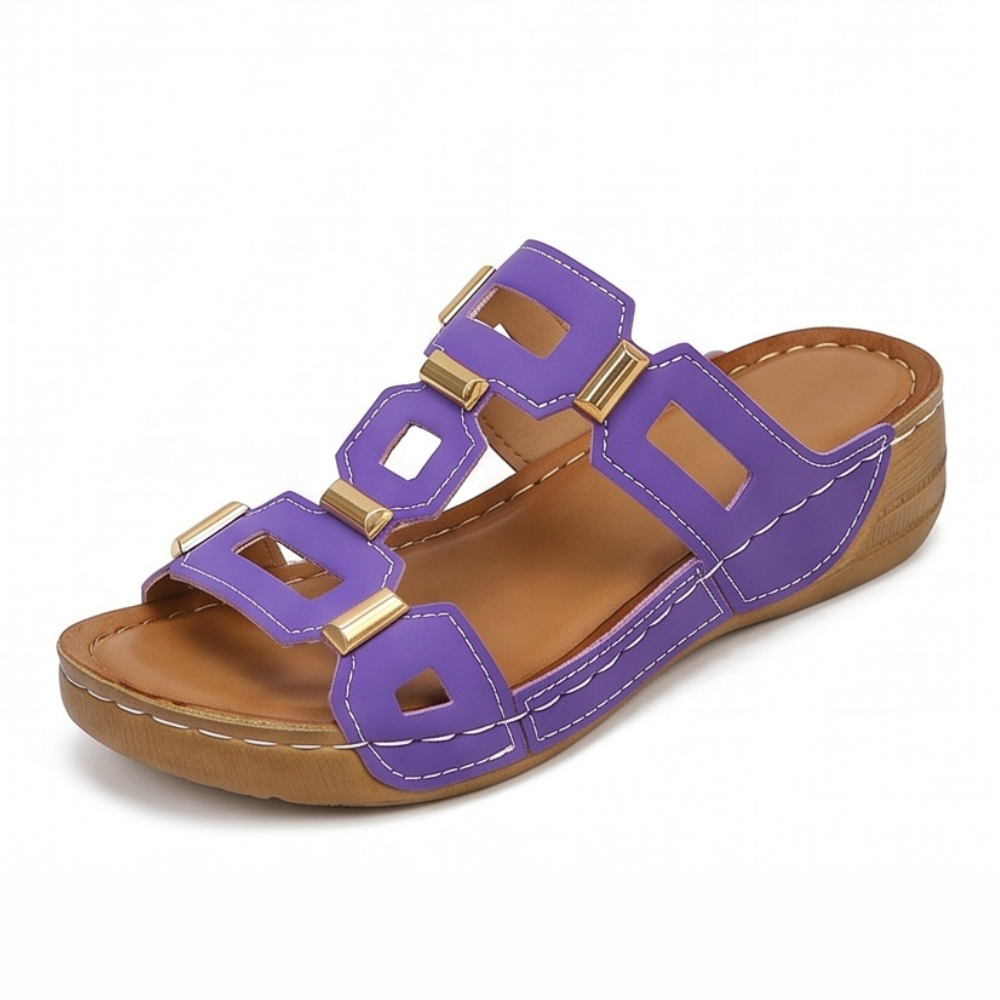 BellaArch Cushioned Wedge Sandals with Gold Strap Detail - Elena Harper