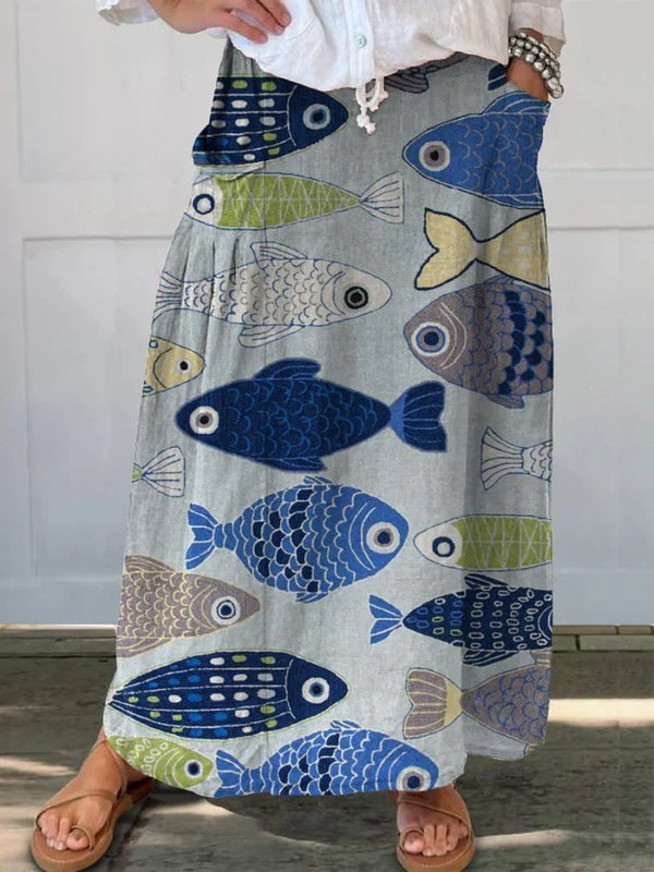 Trisia Vintage Lovely Fish Art Print Pocket Skirt - Elena Harper