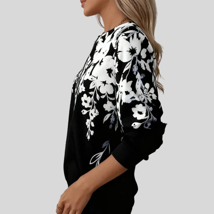Crimson Floral Print Zip Sweatshirt - Elena Harper