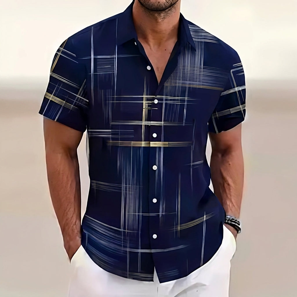 Moritz | Men's Short Sleeve Shirt with Graphic Gold Line Pattern Kent Collar