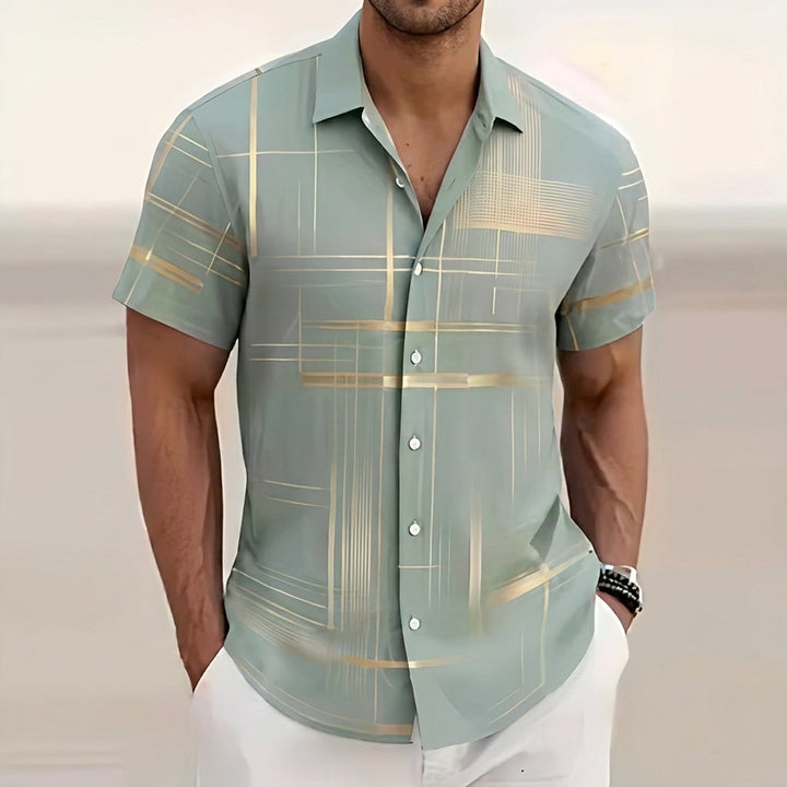 Moritz | Men's Short Sleeve Shirt with Graphic Gold Line Pattern Kent Collar
