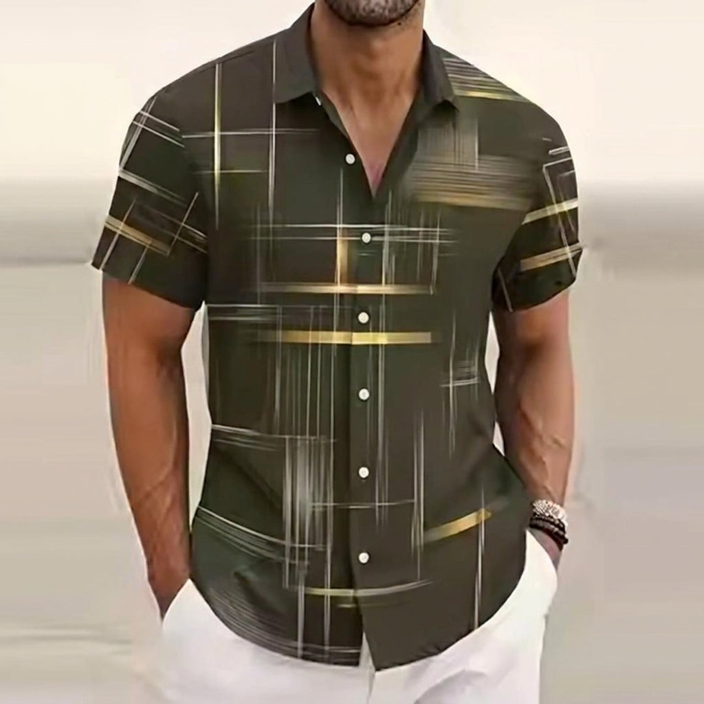 Moritz | Men's Short Sleeve Shirt with Graphic Gold Line Pattern Kent Collar