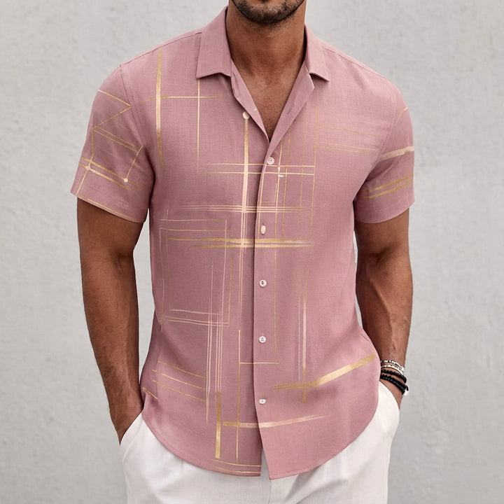Moritz | Men's Short Sleeve Shirt with Graphic Gold Line Pattern Kent Collar