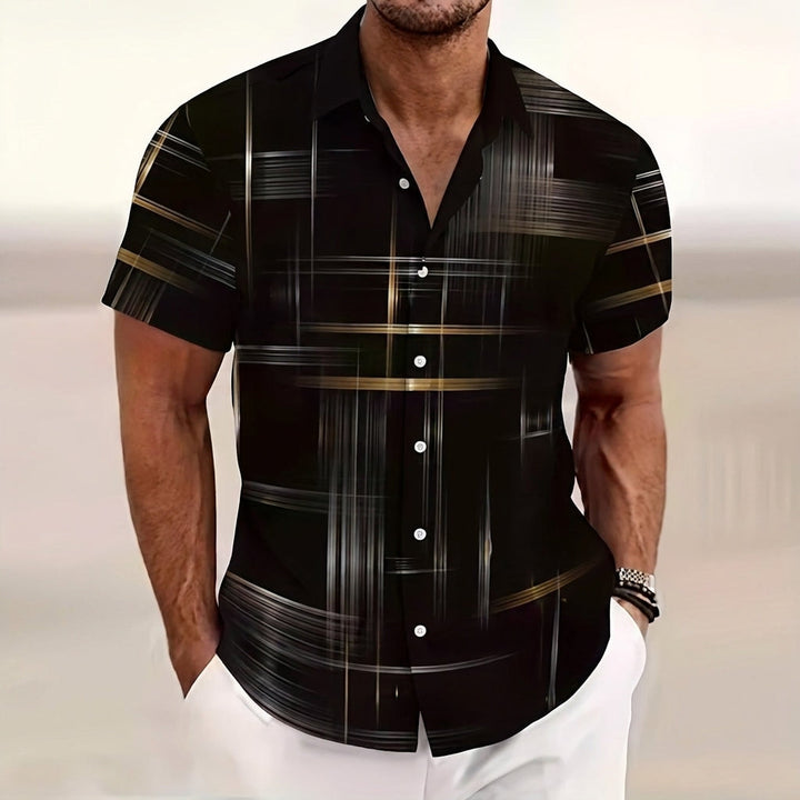 Moritz | Men's Short Sleeve Shirt with Graphic Gold Line Pattern Kent Collar