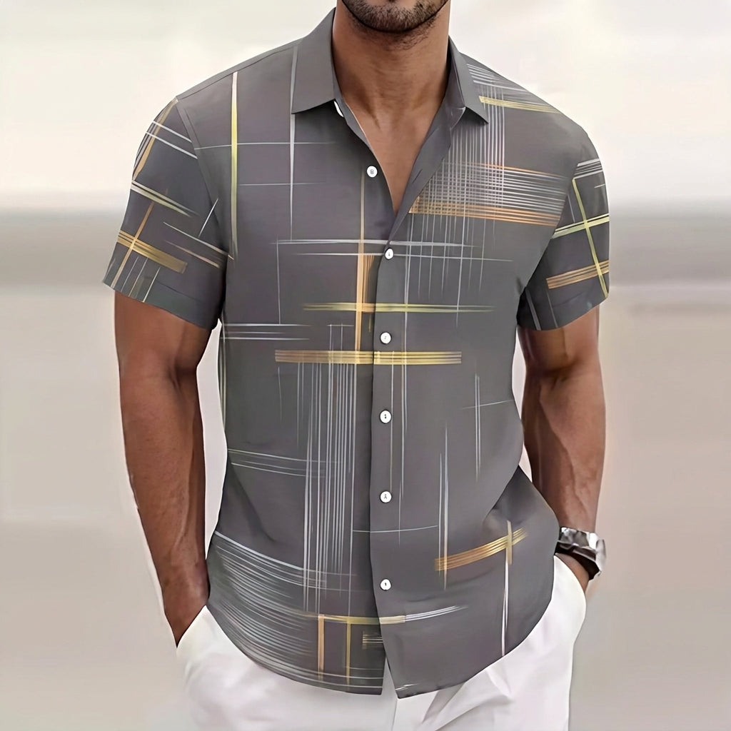 Moritz | Men's Short Sleeve Shirt with Graphic Gold Line Pattern Kent Collar