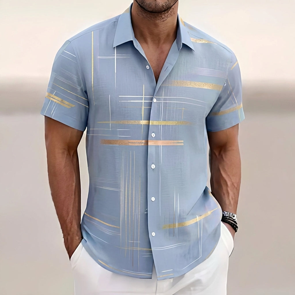 Moritz | Men's Short Sleeve Shirt with Graphic Gold Line Pattern Kent Collar