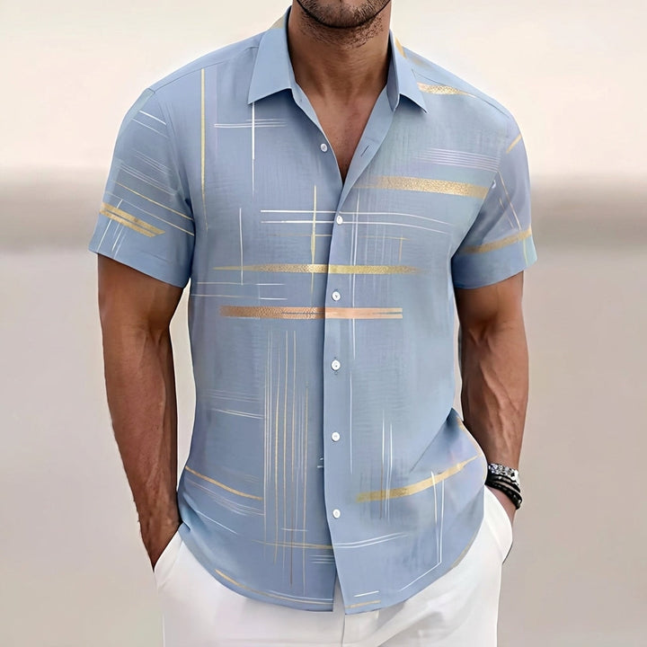 Moritz | Men's Short Sleeve Shirt with Graphic Gold Line Pattern Kent Collar