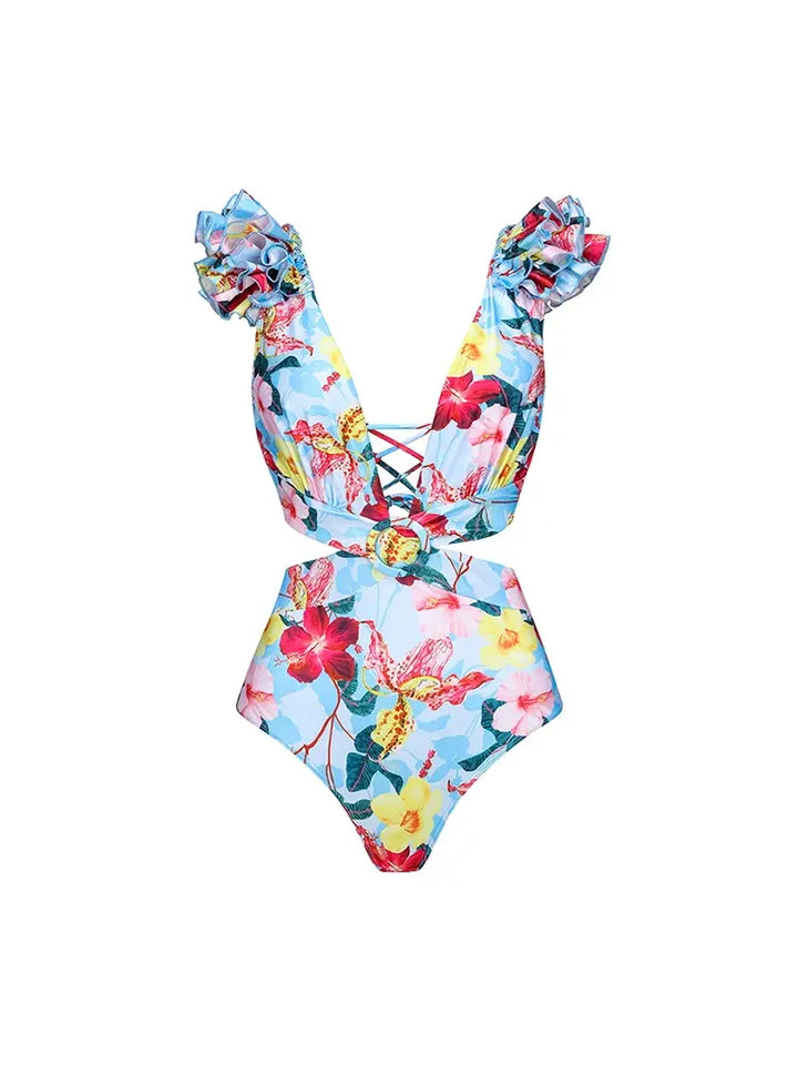 One Piece Cutout Printed Swimsuit Set