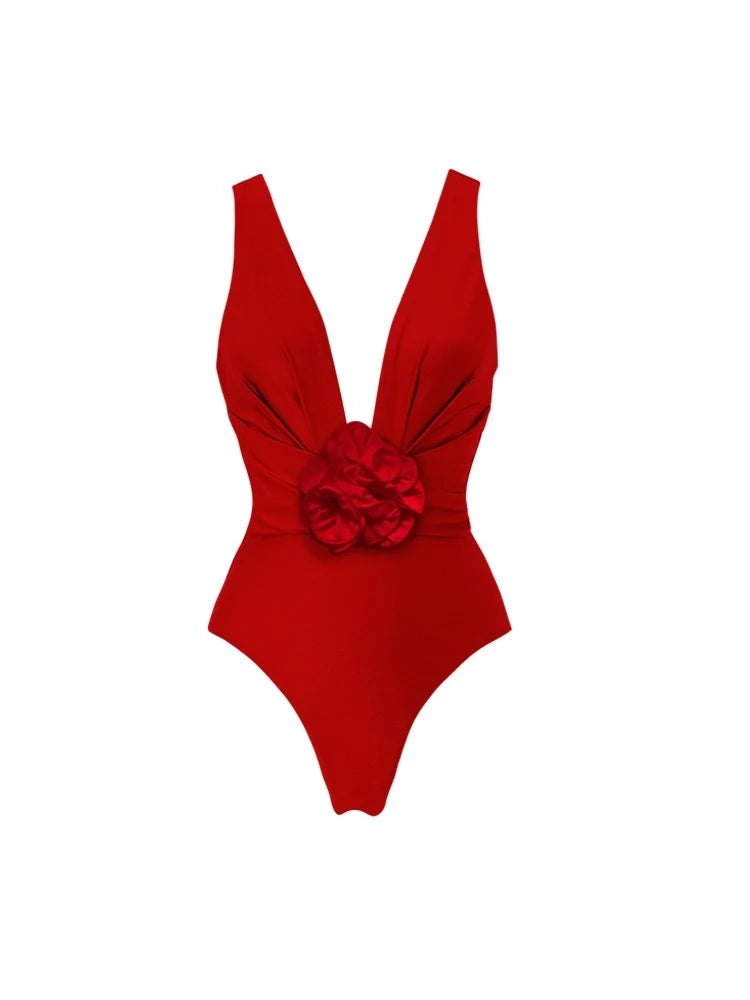 V-Neck One-Piece with Removable 3D Floral Detail