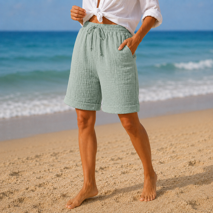 Brisella Crinkle Bermuda Shorts with Drawstring Waist and Pockets - Elena Harper