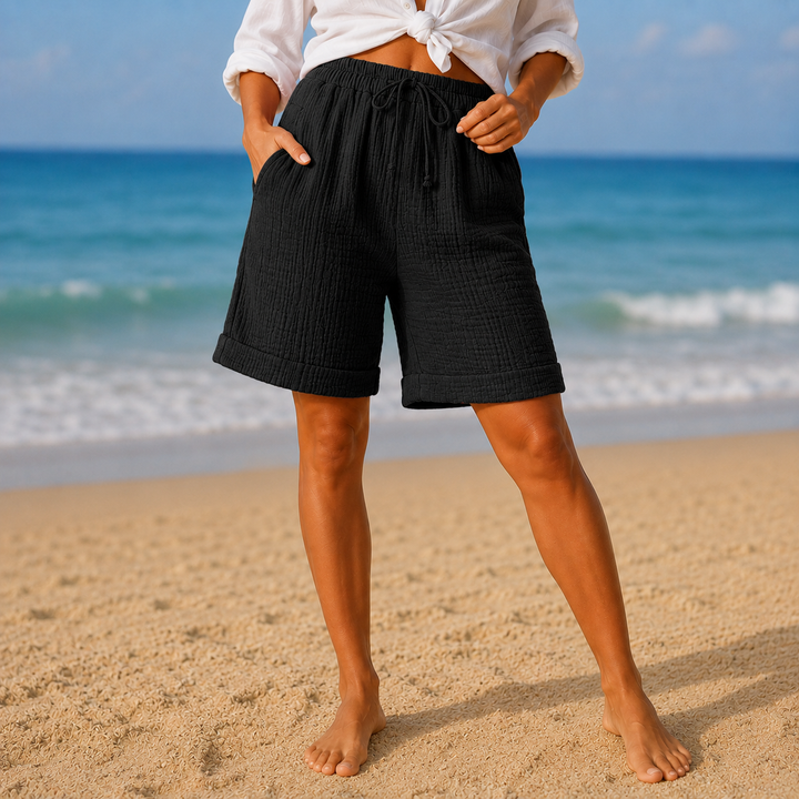 Brisella Crinkle Bermuda Shorts with Drawstring Waist and Pockets - Elena Harper