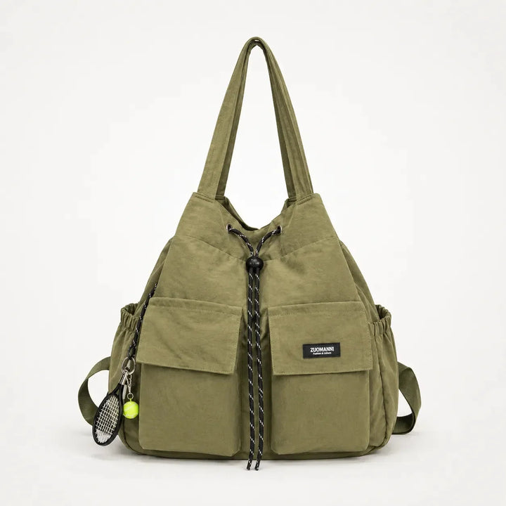 Carryall Convertible Drawstring Canvas Tote Backpack with Cargo Pockets - Elena Harper
