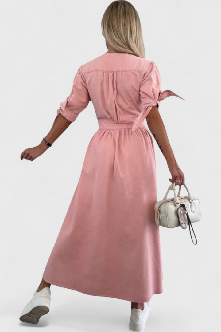 Adelina Denim Midi Dress with Buttons and V-Neck