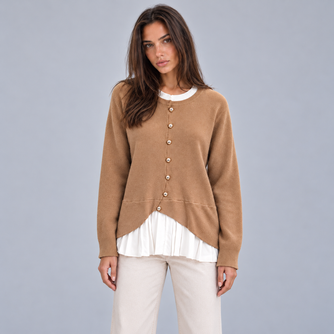 Montarello Women's Layered Knit Cardigan with Pleated Hem, Button Front