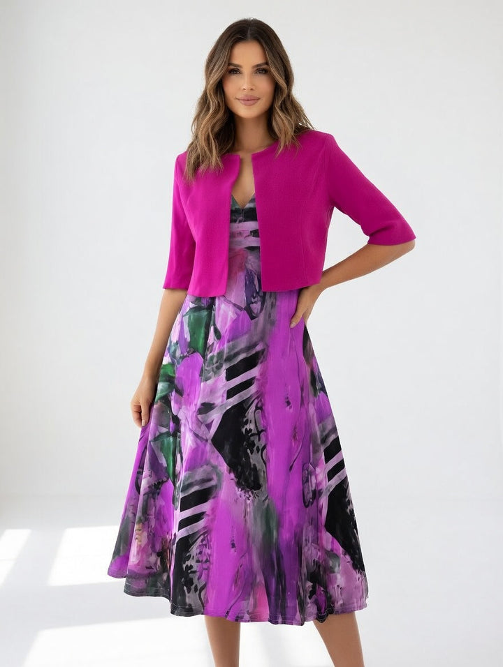 Fluid Midi Dress with Bolero Elegant Artistic Print - Elena Harper