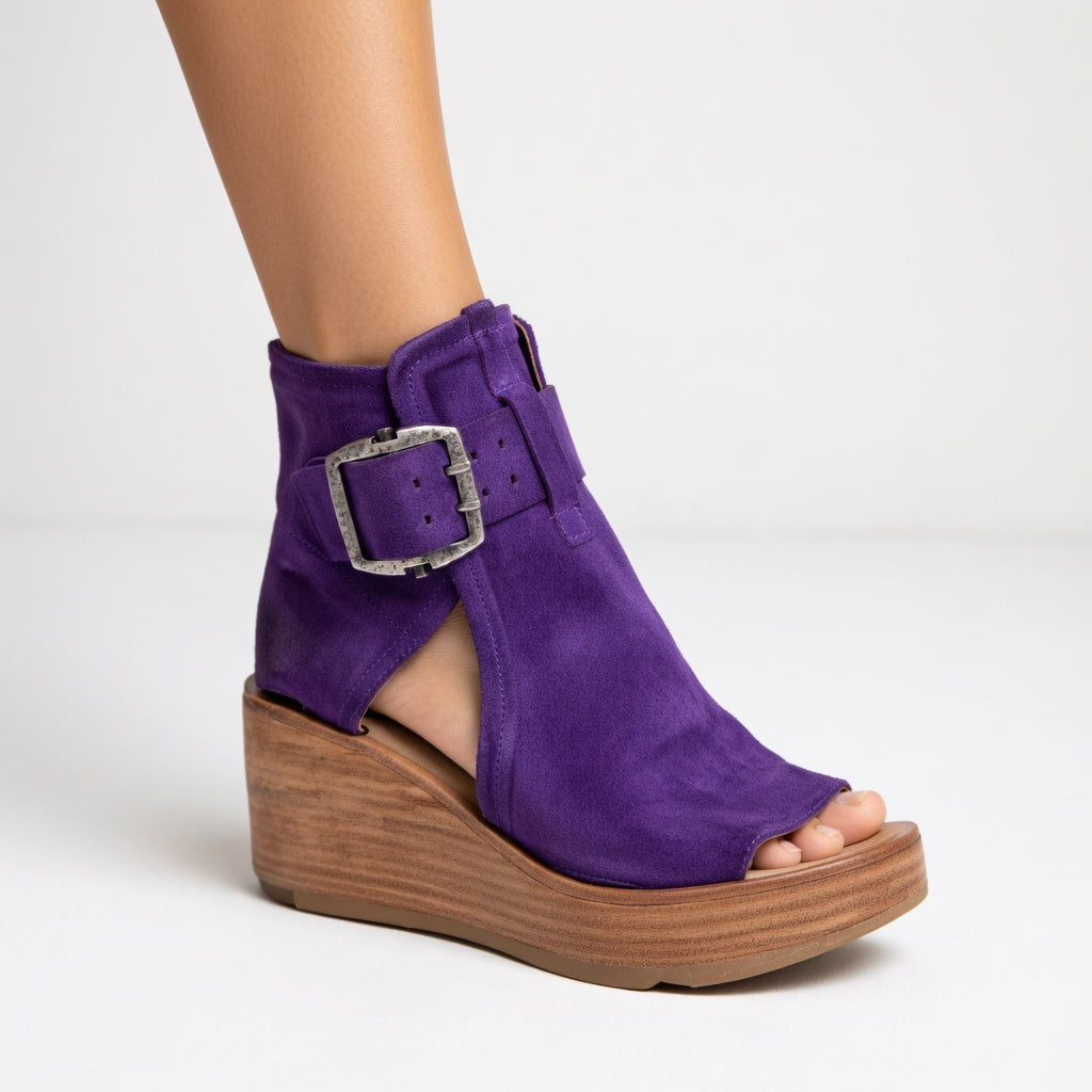 Women's Wedge Sandals Suede Open Toe Metal Buckle Wooden Sole