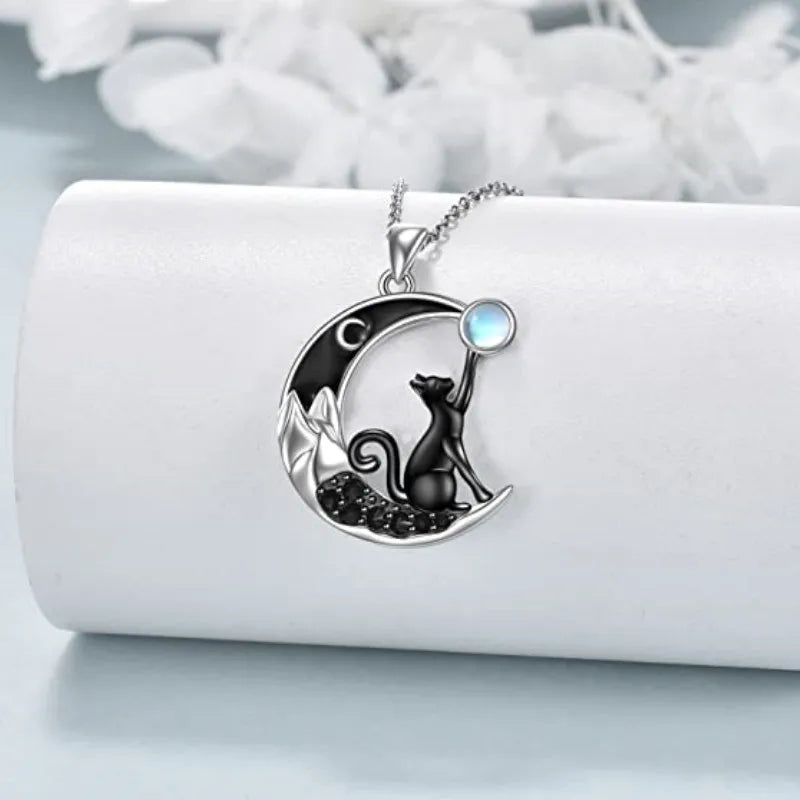 Black Cat Moon Crystal Pendant Necklace, view 2 - Elena Harper